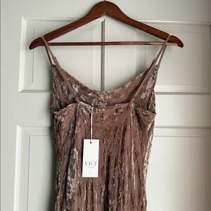 Mauve velvet sheer floral midi dress with cowl neck and spaghetti straps.